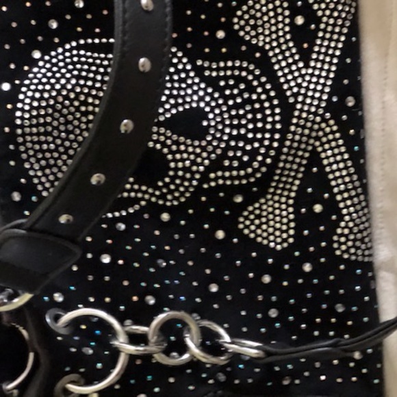 UNIQUE BLACK LEATHER HANDBAG WITH SKULL & RHINESTONES & STUDS - Picture 8 of 9